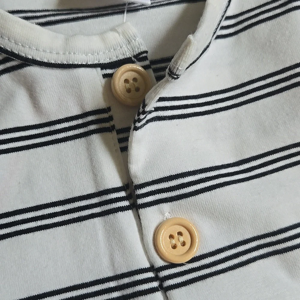 Baby Boy Black White Striped Romper Jumpsuit Short Sleeve Button-Up Outfit 0-3M